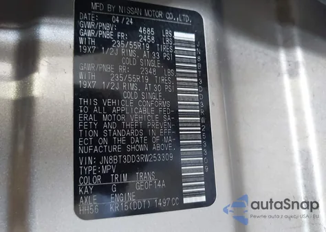 2024 Nissan Rogue Platinum Intelligent Awd из США, поврежденный, VIN JN8BT3DD3RW253309